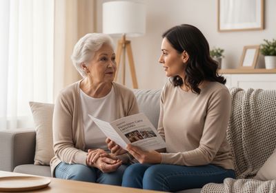 A woman discusses home care service options with her elderly mother, holding a brochure highlighting the agency's services and smiling staff. Home Care Consultation