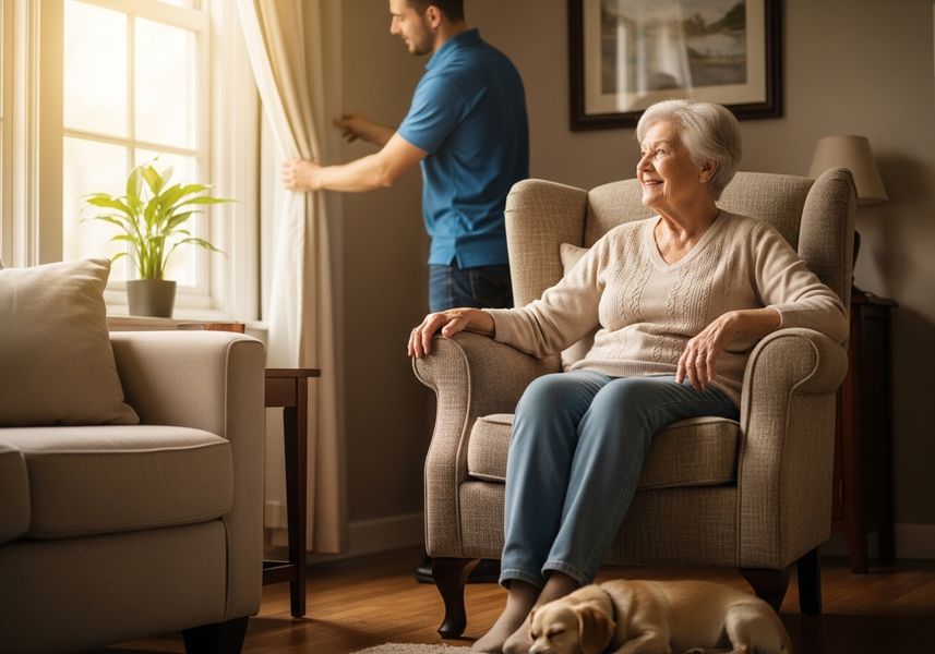 A serene scene unfolds in a cozy living room, where a senior woman sits comfortably in an armchair, her gaze directed towards the sunlight streaming through the window. A younger man adjusts the curtains, and a contented dog rests at her feet, creating an atmosphere of warmth, companionship, and relaxed living. Comfortable senior woman at home with family