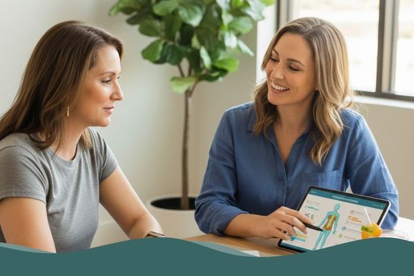 woman reviewing body composition with body transformation coach