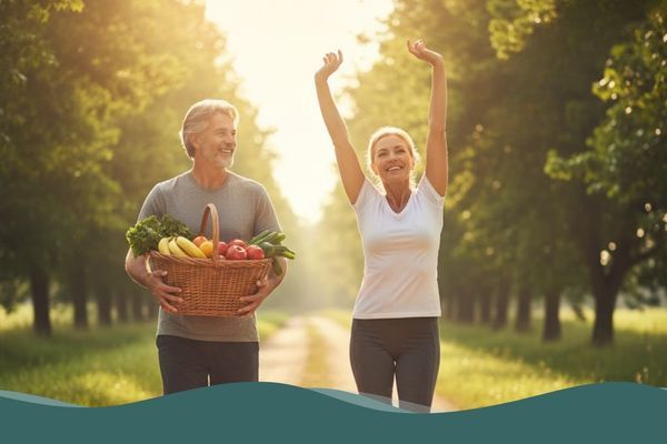 couple outside walking woman raising her hands full of energy and man carrying a basket of healthy fruits and vegetables