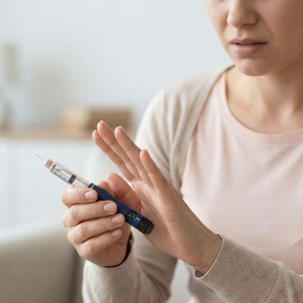 A person with a look of discomfort pushing away a weight loss injection pen.