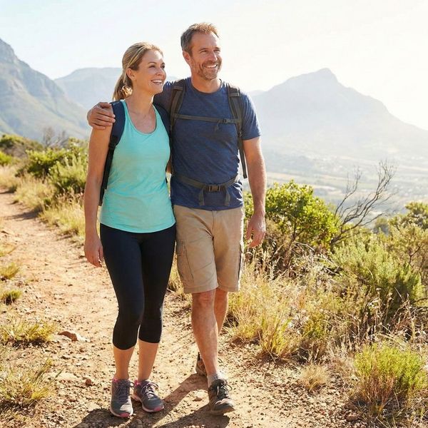 A happy, healthy couple hiking on a scenic mountain trail, representing long-term vitality and sustainable results.