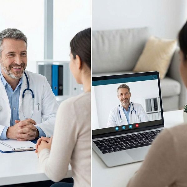 Split-screen image showing a doctor consulting with a patient in an office and via a virtual video call.