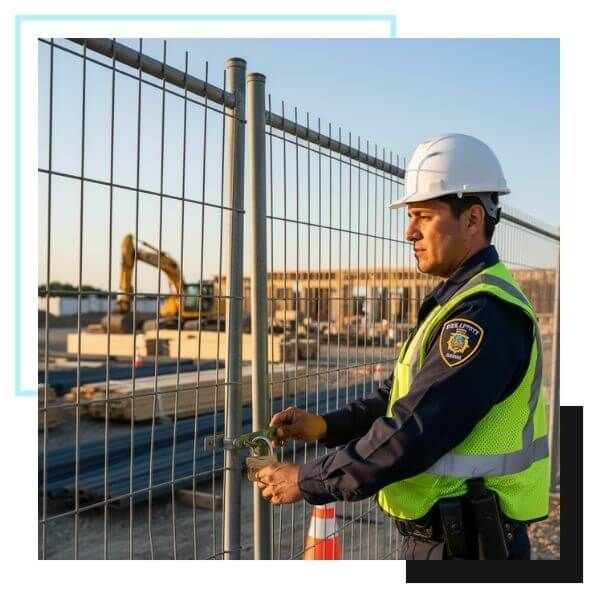construction site security guard checking gate