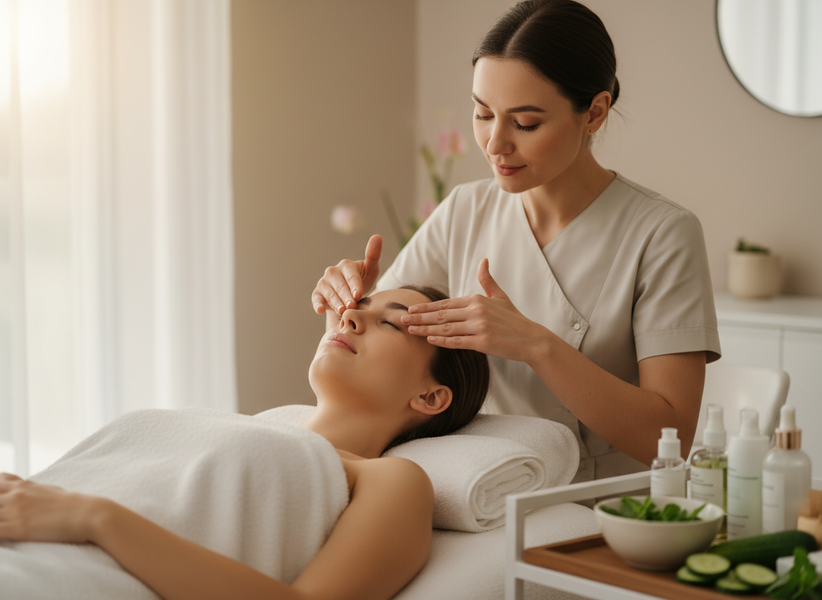 Woman Receiving Facial Massage in Spa