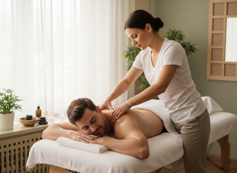A male client with closed eyes enjoys a relaxing back massage from a female therapist on a white towel-covered table in a tranquil spa room. Man receiving a back massage at a spa