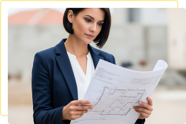 A professional female home inspector intently reviews a report or blueprint, conveying expertise in home insurance inspection.