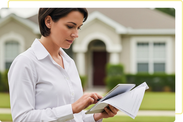 A friendly female inspector reviews a digital report on a tablet with a house in the blurred background, symbolizing professional and reliable insurance inspection in Orlando.