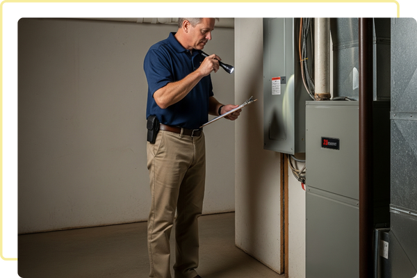 A male inspector shines a flashlight on an electrical panel in a residential basement, performing a detailed **home insurance inspection