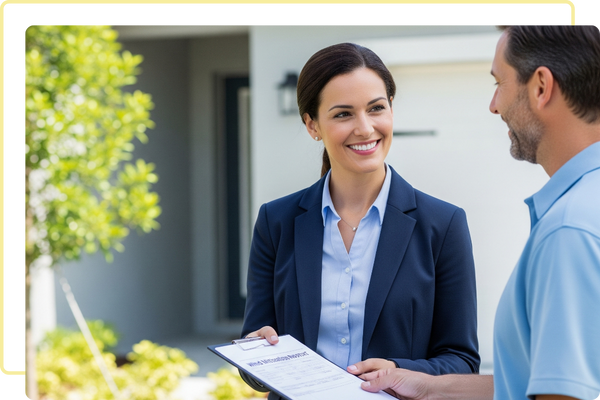 A professional male inspector hands a homeowner a completed wind mitigation report in front of a house, symbolizing prompt and reliable service.