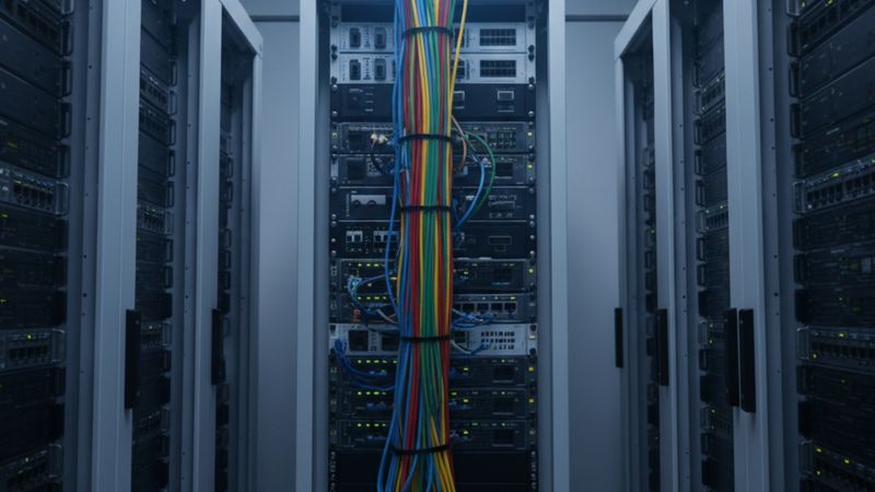 Structured network cabling leading into a clean server rack