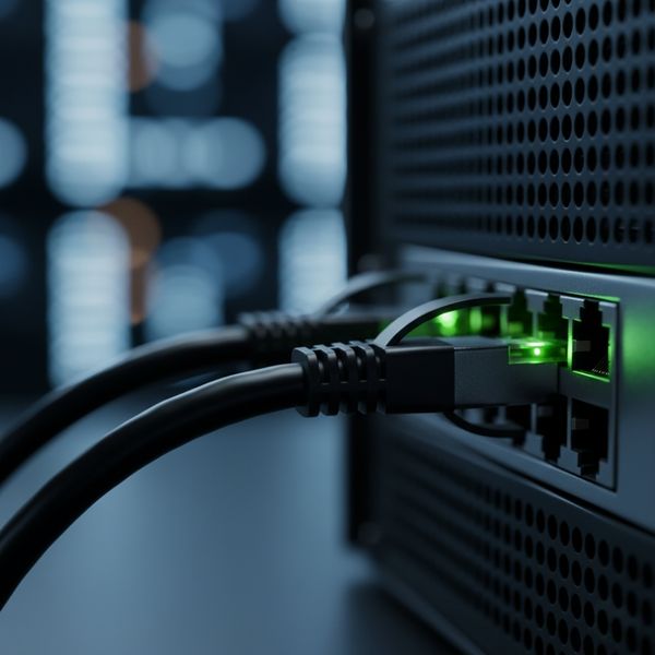 Close-up of a secure, hardwired Ethernet cable plugged into the port of a server