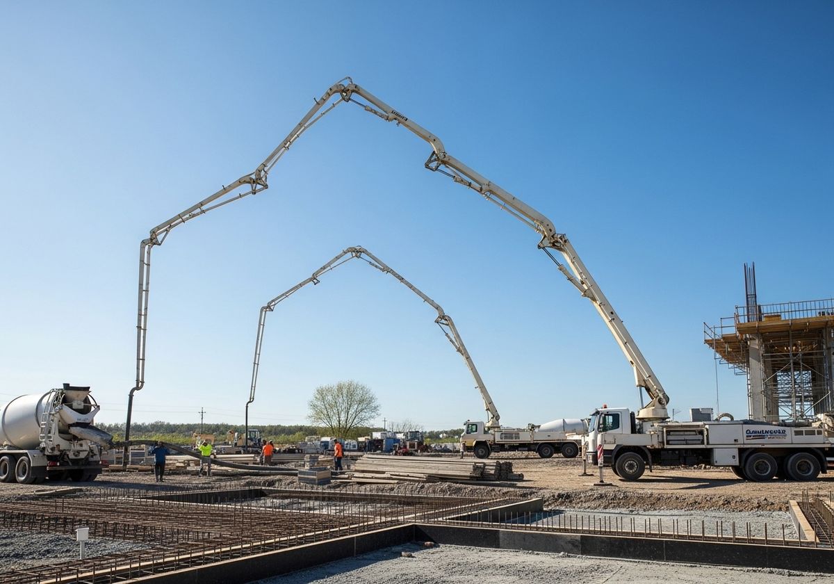 Concrete trucks pumping at a construction site