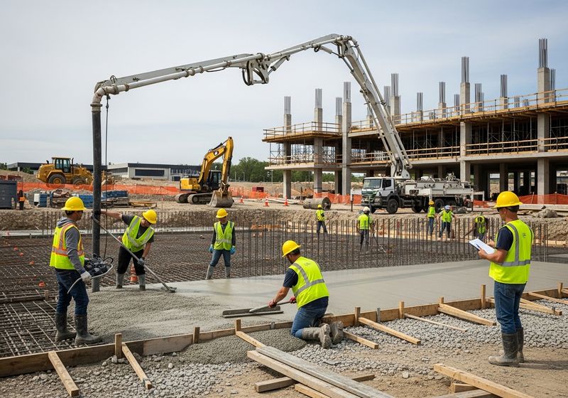 Construction workers pouring concrete on a construction site