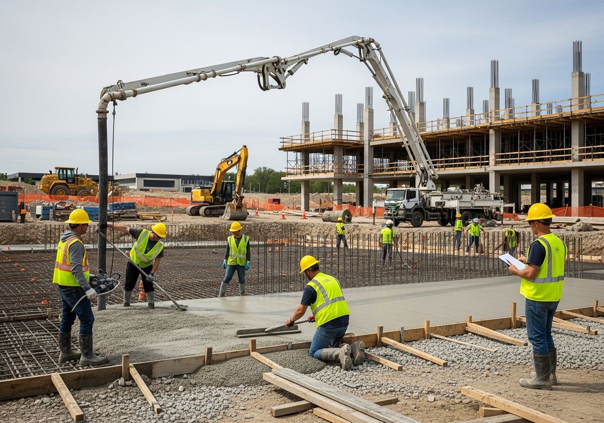 Construction workers pouring concrete on a construction site