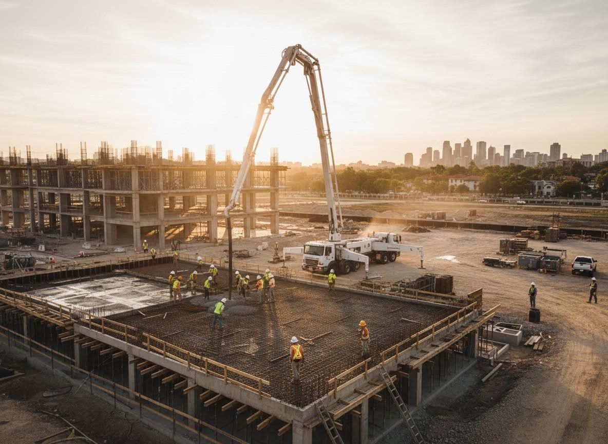 Construction workers pouring concrete at sunset