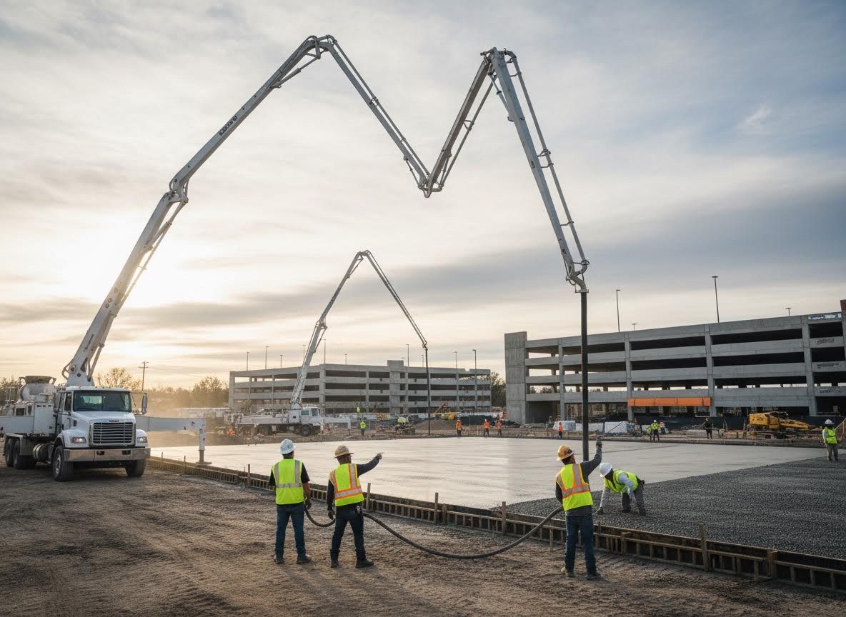 Construction workers pour concrete at a building site