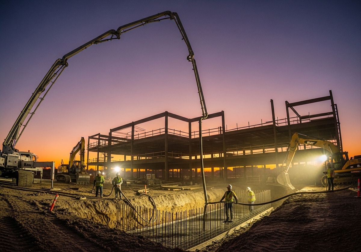 Construction site at dusk with heavy machinery and workers
