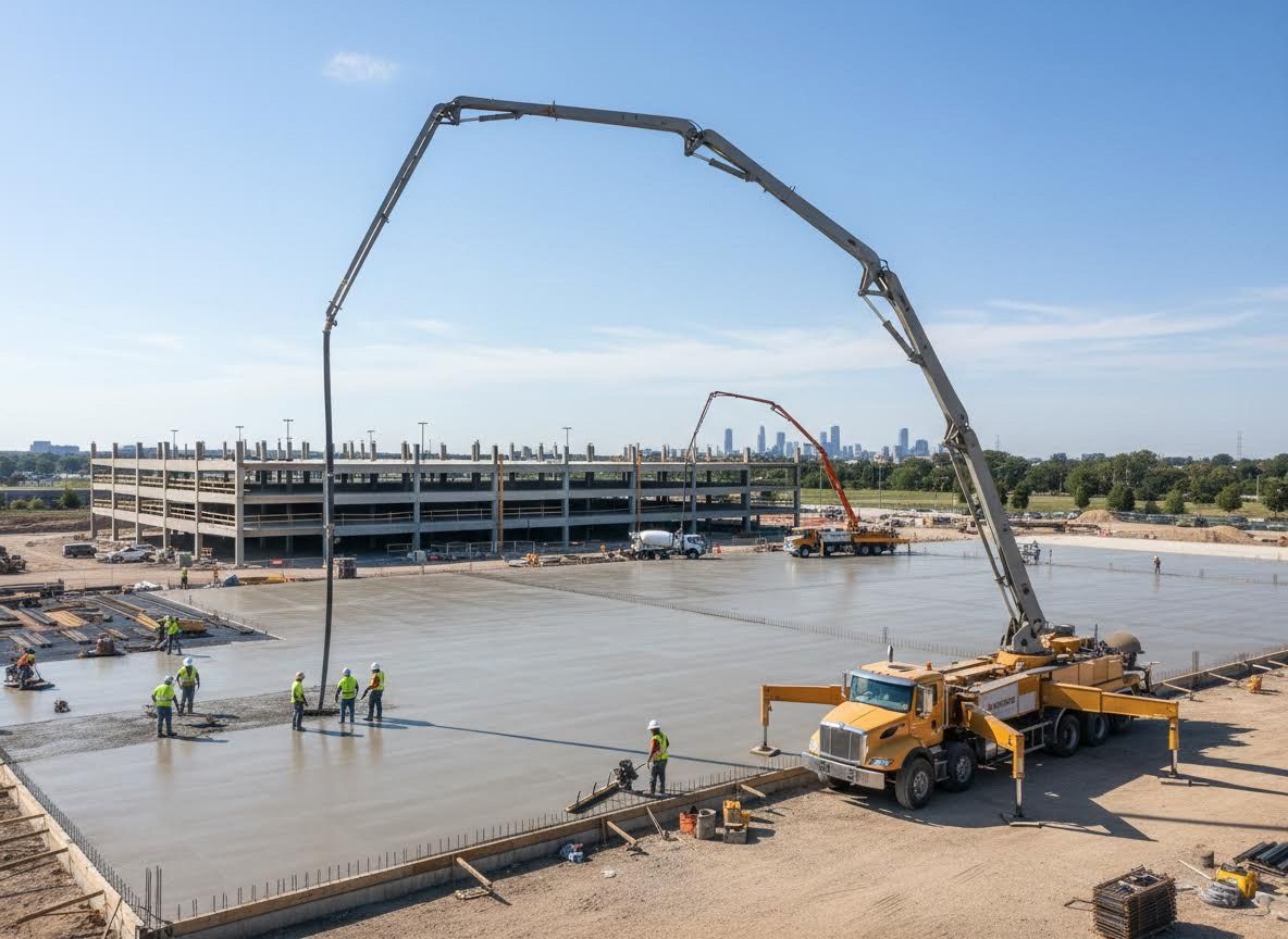 Construction workers pouring concrete at a large commercial site