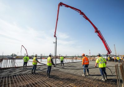 Construction workers guide a concrete pump hose to pour concrete onto a steel rebar grid on a clear day. Concrete Pouring at Construction Site