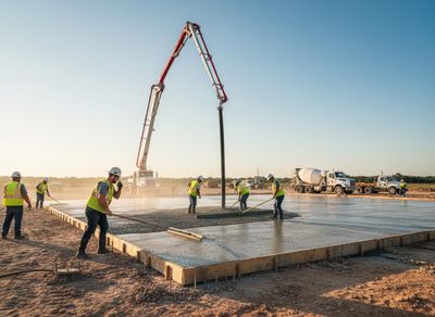 Construction crew in hard hats and vests level fresh concrete poured by a large pump truck for a new foundation slab on a sunny day. Construction Workers Pouring Concrete Foundation