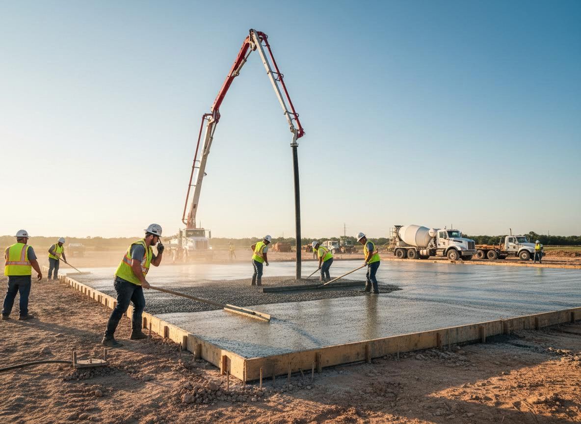 Construction Workers Pouring Concrete Foundation