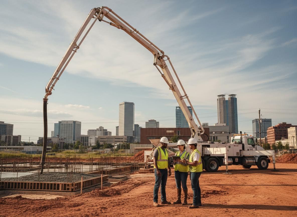 Construction Team with Concrete Pump on Building Site