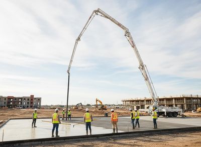 A team of construction workers in safety gear levels fresh concrete poured by a pump truck for a large building foundation on a job site. Construction Workers Pouring Concrete Foundation