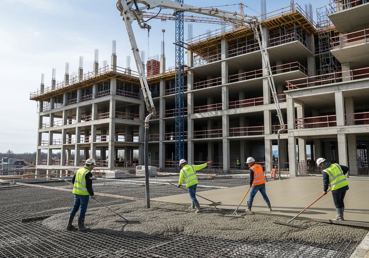 Construction workers pouring concrete on a high-rise building project