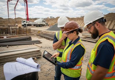 Construction workers reviewing plans on site