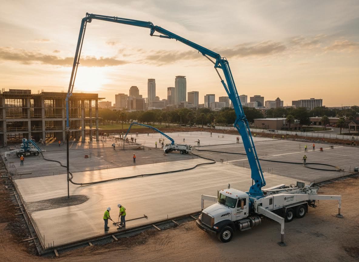 Concrete Pumping at a Large Construction Site During Sunset