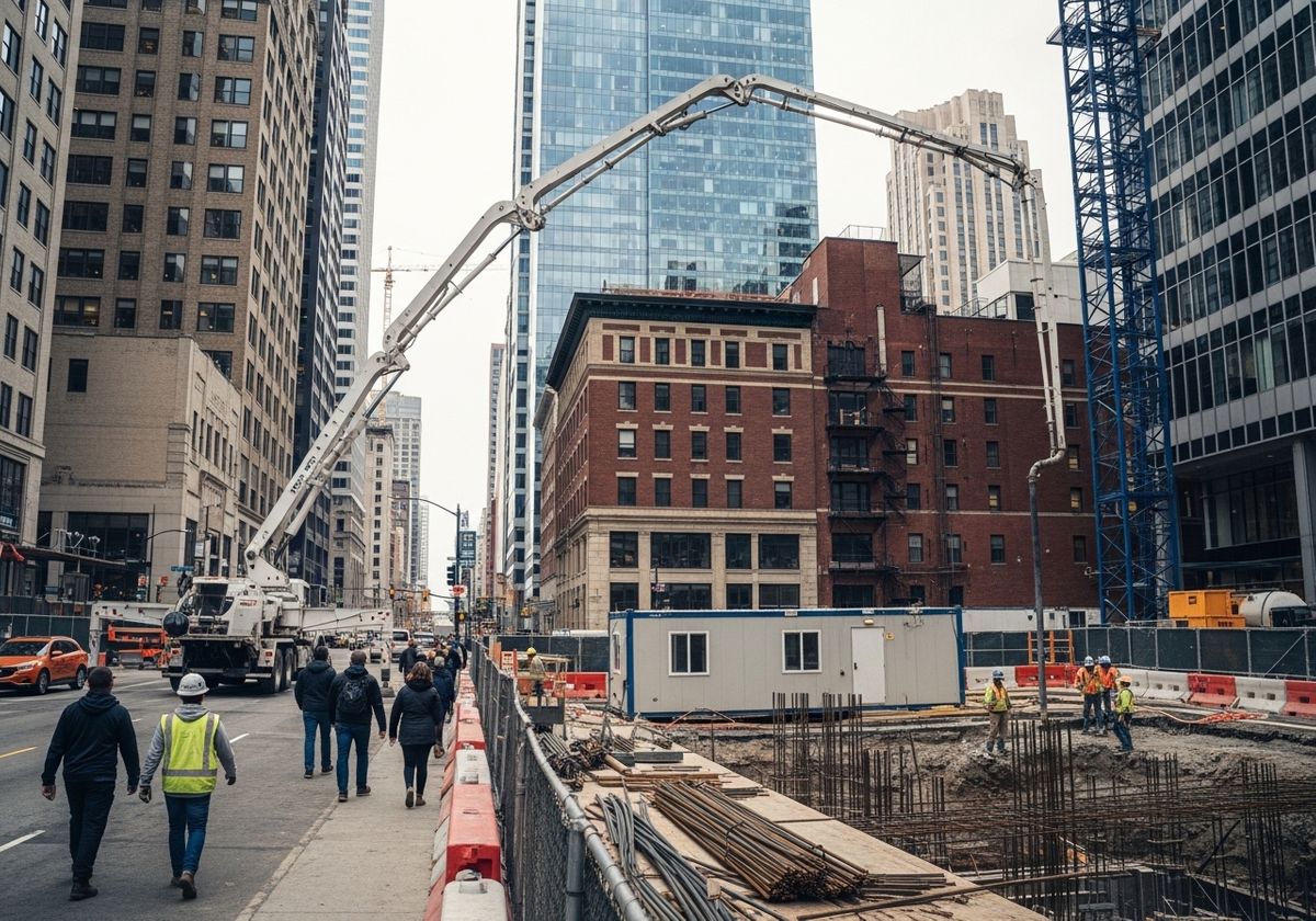 Urban construction site with workers and equipment
