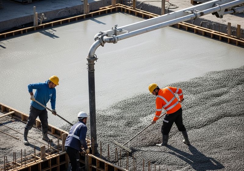 Construction workers pouring concrete on a construction site