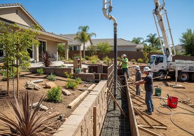 Three construction workers are pouring concrete into the base of a retaining wall on a sunny day. A concrete pump truck is helping to precisely pour the concrete while workers with wooden tools spread the concrete evenly. The retaining wall will be part of a backyard landscaping project with plants and lawn. Construction of a backyard retaining wall