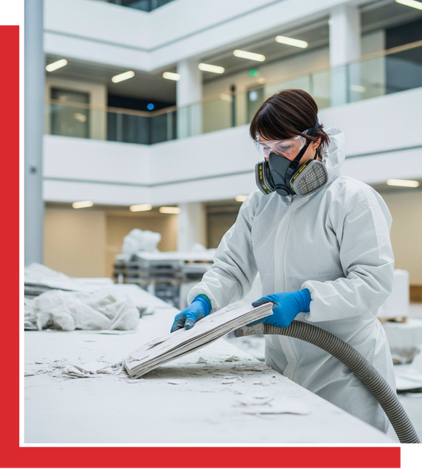 A single professional in a full white protective suit and respirator carefully works on a large-scale asbestos removal project in a spacious, modern commercial building interior, demonstrating efficiency and safety.