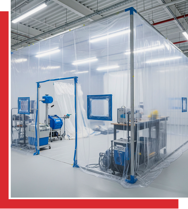 A spacious, modern commercial or industrial interior features a large, clear plastic containment area with specialized asbestos removal equipment inside, emphasizing a clean and compliant workspace.