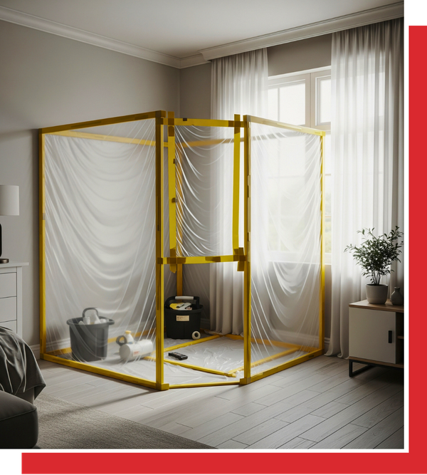A small, contained area for asbestos removal in a clean, bright residential room, sectioned off by clear plastic sheeting, with a small machine inside, showing minimal disruption to the home.