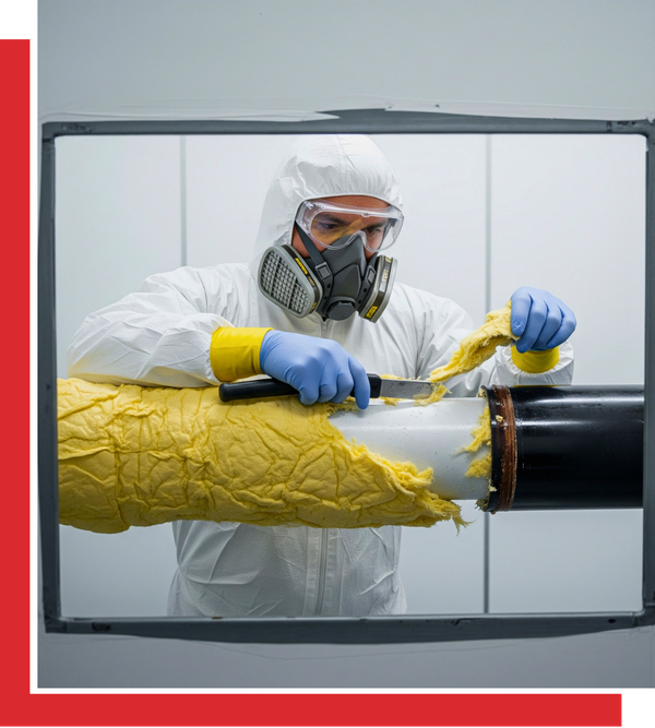 A single professional in a full white protective suit and respirator carefully scrapes fibrous material from a pipe within a contained area, demonstrating safe asbestos abatement.