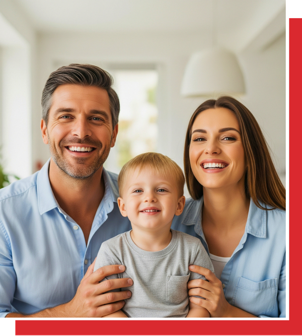 A happy family, consisting of a smiling father, mother, and their young child, are shown in a bright, clean residential setting, symbolizing a healthy and safe home.