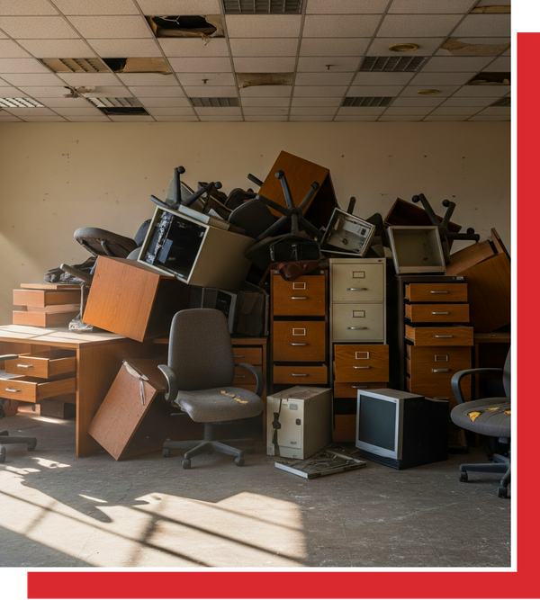pile of discarded office furniture (old chairs, desks, filing cabinets) in a commercial building's empty room