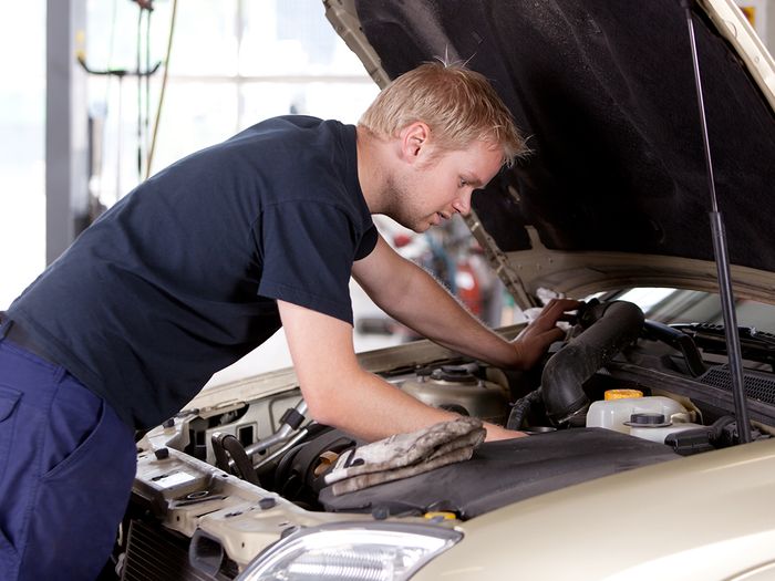 A young mechanic under the hood of a car performing an inspection.