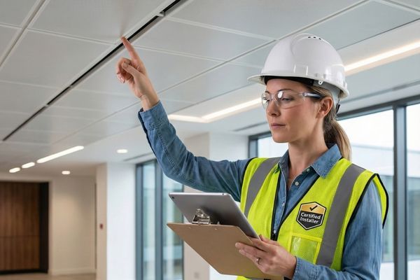 A certified commercial installer in a safety vest and hard hat inspecting a newly installed architectural ceiling system with a tablet.