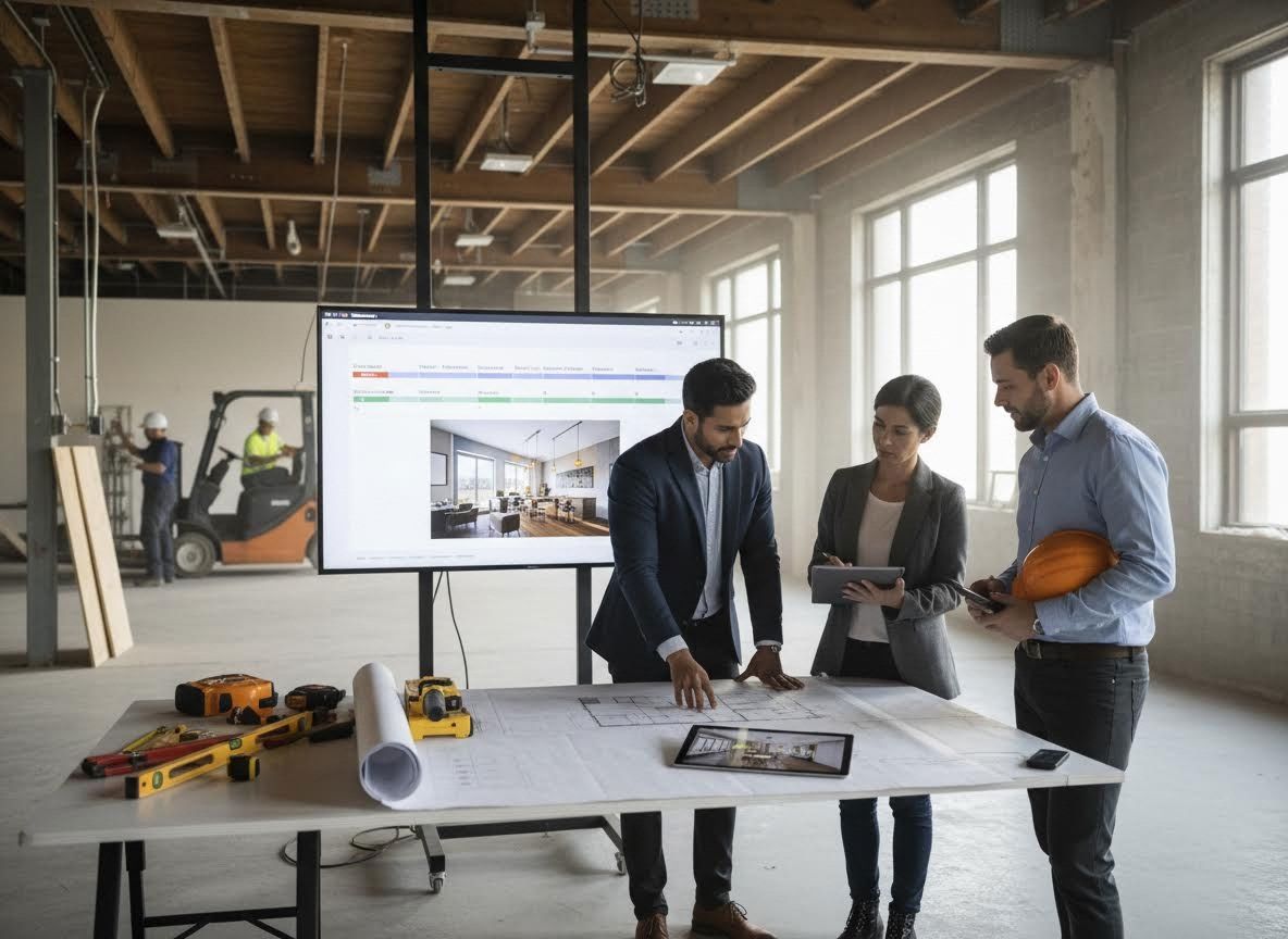 Construction Team Reviewing Blueprints and Digital Plans