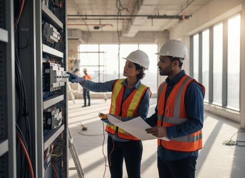 Electricians Inspecting an Electrical Panel at a Construction Site