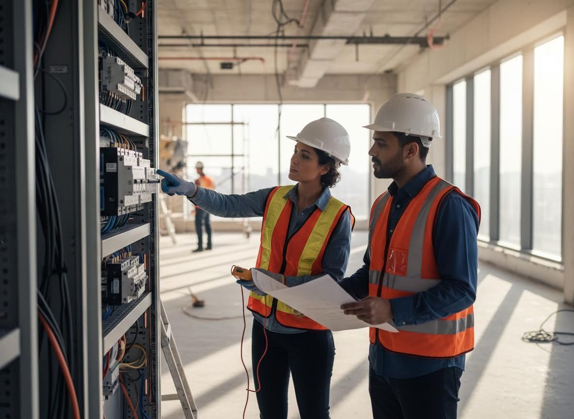 Electricians Inspecting an Electrical Panel at a Construction Site