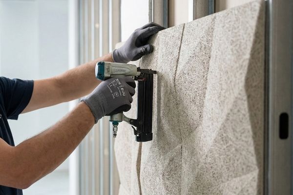 A close-up of a skilled worker using a nail gun to install a textured acoustic soundproofing panel on a wall.