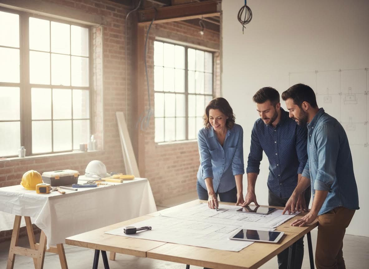 Construction Team Reviewing Blueprints