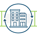Building lifecycle icon representing comprehensive renovation and sustainable building services for federal agencies.