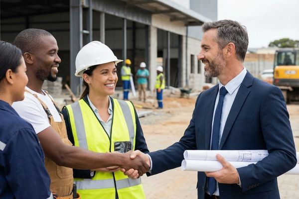 A diverse group of construction professionals, including a man in a suit and a worker in a hard hat, shaking hands on a job site.