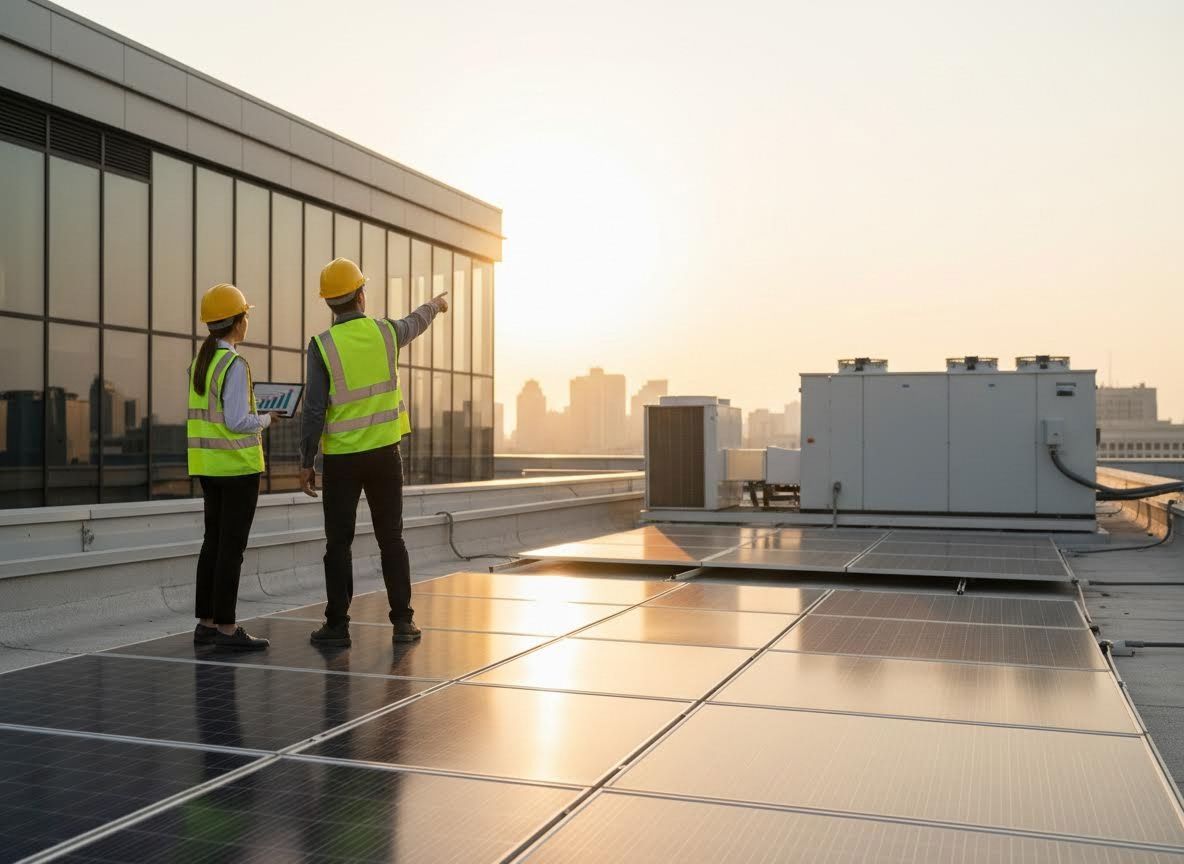 Engineers inspecting rooftop solar panels at sunset